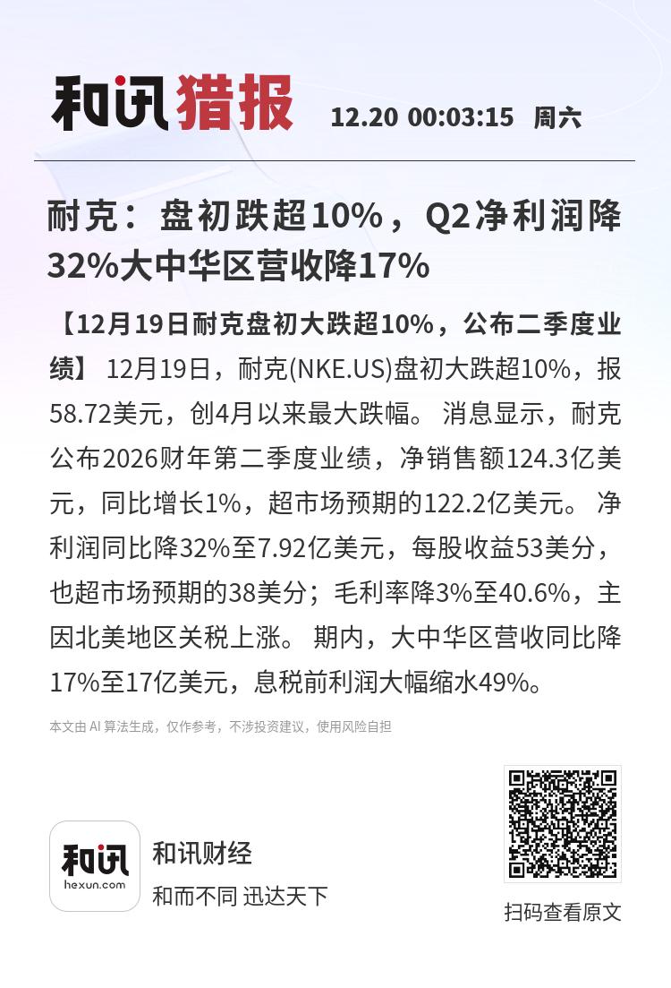 耐克：盘初跌超10%，Q2净利润降32%大中华